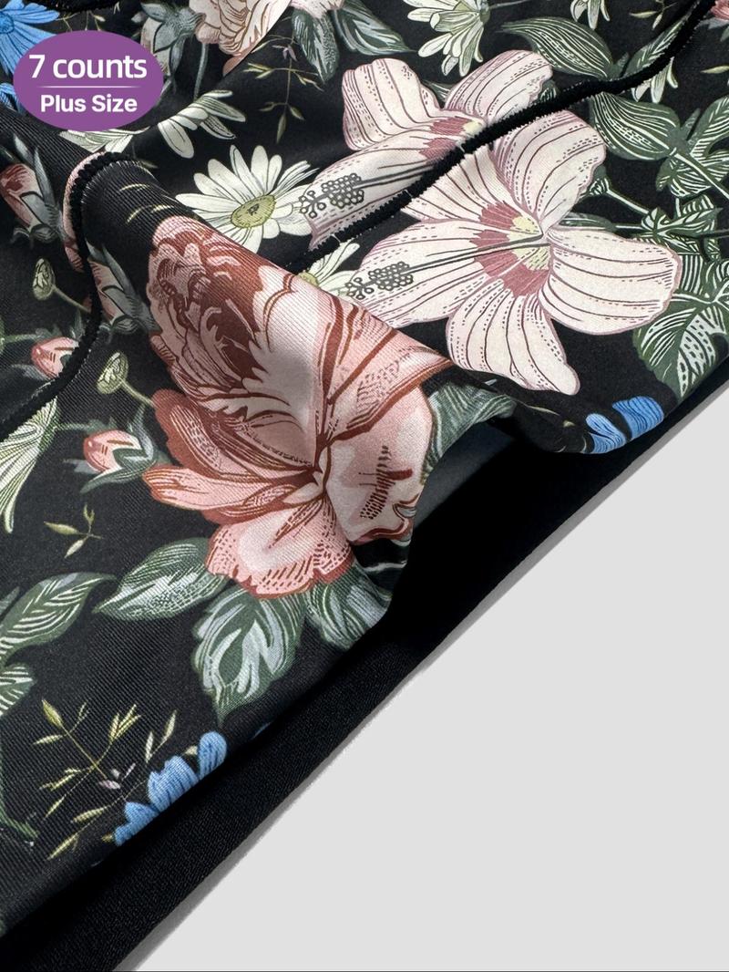 【Plus Size】 Floral Patchwork Print High Waist Panty, Casual Comfy Breathable Knicker for Daily Wear, Women's Underwear for All Seasons