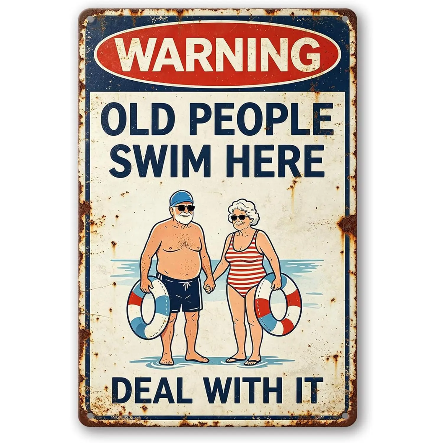 Old People Swim Here Sign - 12x8 in Rectangular Aluminium Humorous Pool Warning Sign, Playful Art, "Old People Swim Here Deal With It" Text, Easy Install, UV Resistant Indoor-Outdoor Backyard Pool Fence Novelty Decor