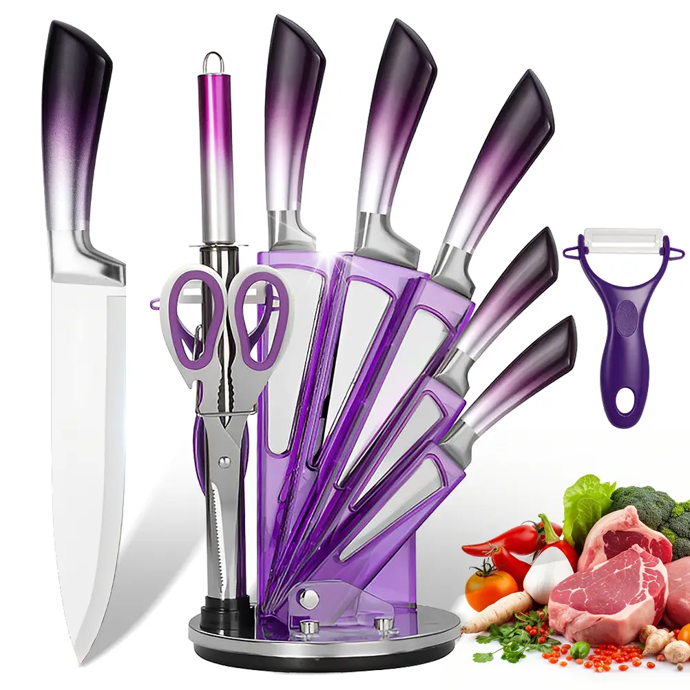 9-Piece Modern High-Carbon Stainless Steel Knives Kitchen Set with Acrylic Block, Ultra-Sharp Hollow-Handle Utensils for Meat, Fruit, Cooking Prep