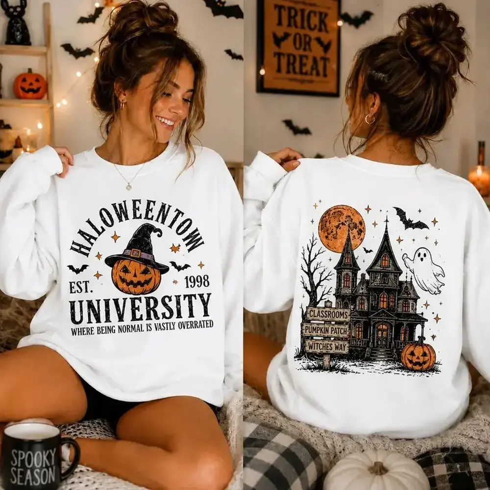Halloween Town University Sweatshirt, Double Sided Halloween Crewneck, Vintage Pumpkin Graphic Sweatshirt, Spooky Haunted House Pullover, Ghost Halloween Fall Sweatshirt, Cozy Autumn Halloween Gift - HUNTWEAR SHOP