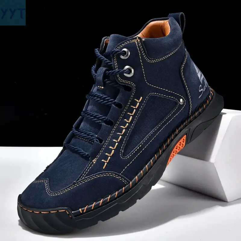 YYT1 Men's Handcrafted Stitching Casual Suede Leather & Mesh Lace-Up Sneakers - Breathable Perforated Design, Anti-Slip Sole, All Season Footwear for Outdoor Hiking & Daily Wear