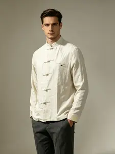 Chinese Jacket Shirt Mandarin Frog Front Chinese Style Men Long Sleeve Vintage Stand Collar Loose Shirts, Menswear
