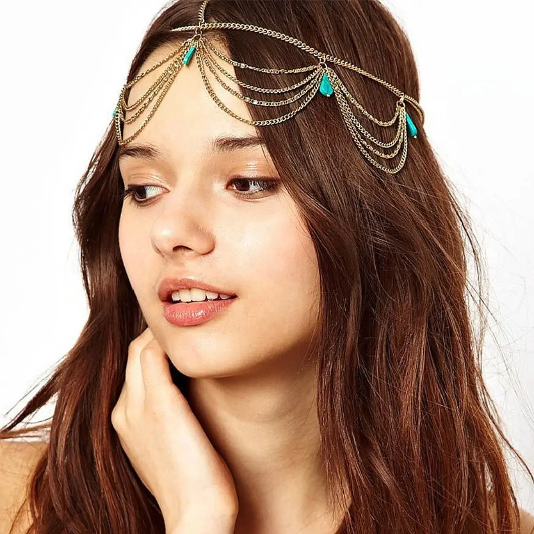Boho Western Head Chain for Women, Vintage Metal Forehead Jewelry with a Turquoise Teardrop, Layered Fringe Headpiece for Festival Wear, Stainless Steel Jewelry, Exotic Renaissance Fair Headwear, Party, Female, No