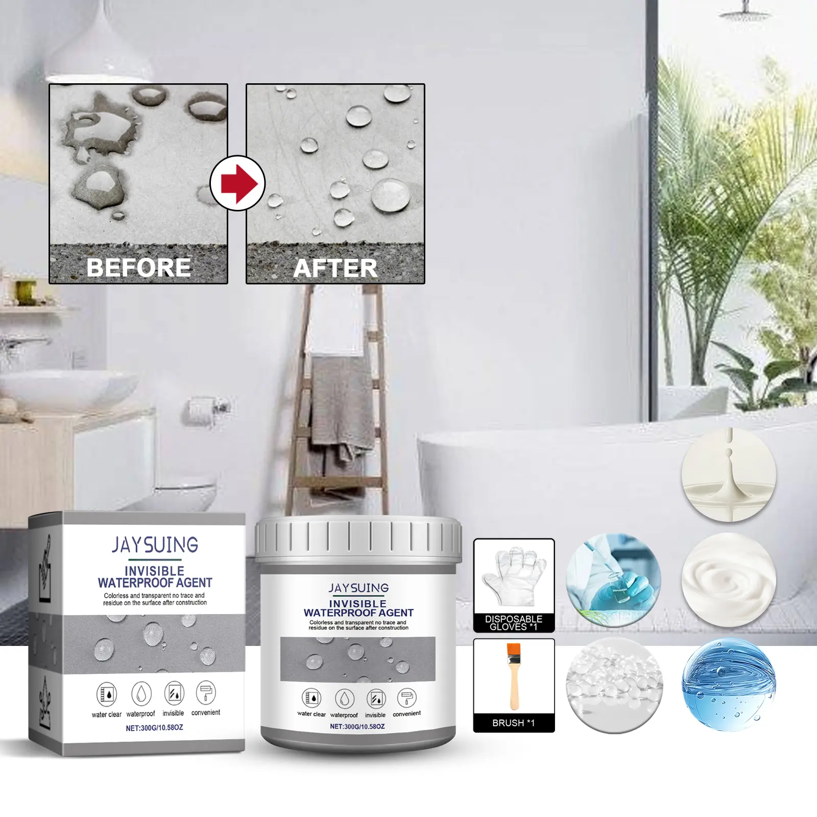 JAYSUING 300g Invisible Waterproof Agent 10.58 oz Single Unit, Clear Liquid Leak Sealant with Brush and Gloves, Quick-Curing Silicone Acrylic Anti-Leakage Coating for Bathroom Shower and Tiles