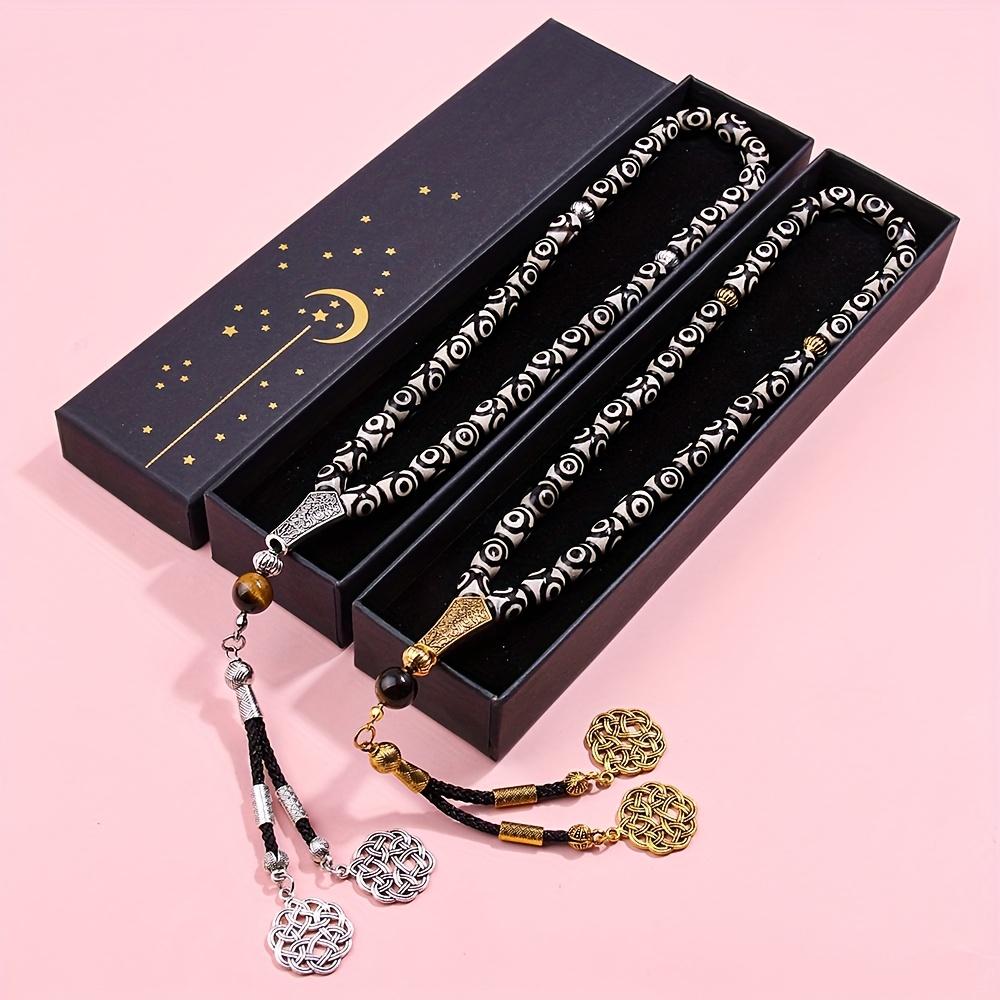 33pcs Agate Bead Bracelet Misbaha Tasbih - 8x12mm Handmade Prayer Rosary Necklace - Suitable for Worship Salah and Recitation Dhikr - Ideal Gift for Eid al-Fitr, Ramadan - Suitable for Daily Prayers - Comes with Premium Gift Box