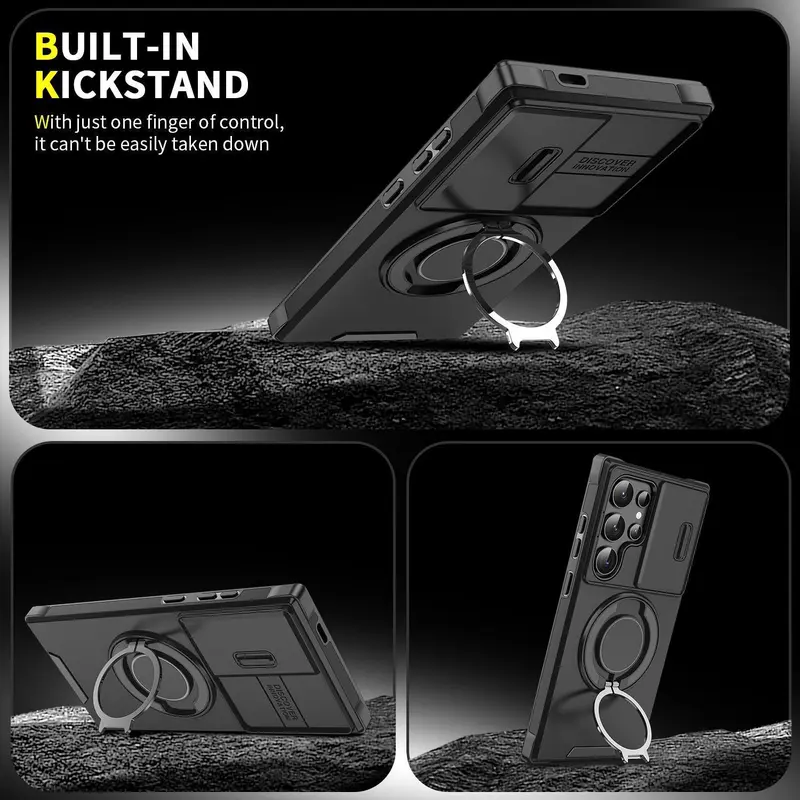 StarTU Magnetic Protective Cellphone Case for Samsung Galaxy S26-S25-S24-S23-S22-S21, Shockproof Rugged Casing Accessory with Slide Camera Lens Cover, 360° Rotating Ring Holder, Screen Protector
