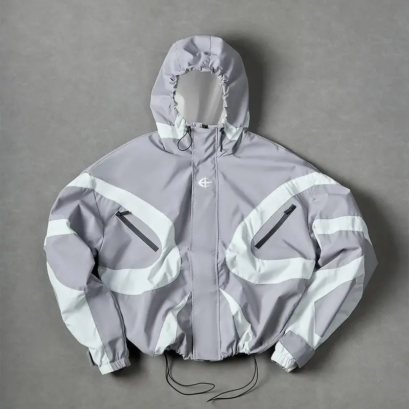 Futuristic Techwear Jacket, Casual and Fashionable, Versatile, Contrasting Gray and White Aesthetic Style, Spring and Autumn Windbreaker