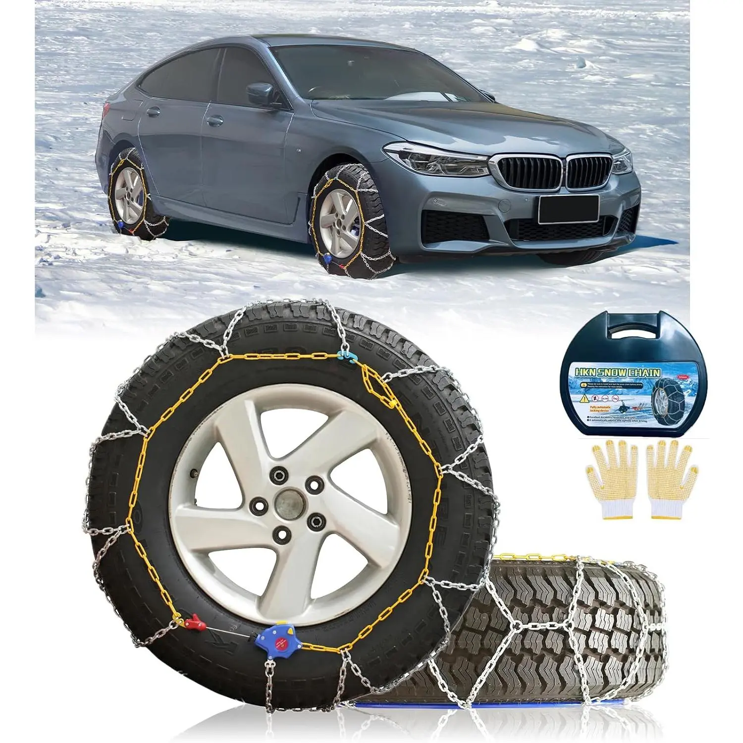 Auto Tightening Snow Chains Tire Chains, 1-Minute Quick Install,  Fit for /SUV/Pickup , Multi-Weather  Traction, Set of 2 - HKN90
