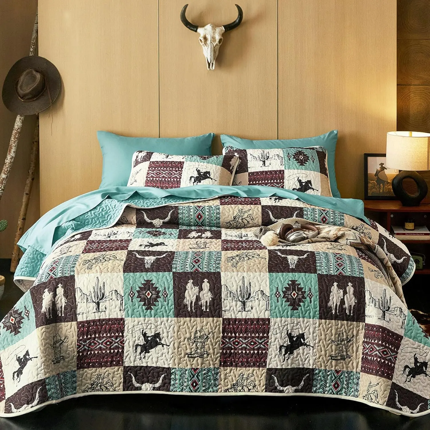 - Set, Southwestern Aztec Horse Rustic Ranch Pattern Printed, Reversible Lightweight Bedspread Coverlet, 3 Pieces, Turquoise Taupe, Queen/Full Size