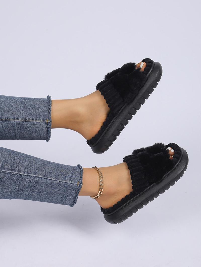 Women's Solid Color Fluffy Plush Slippers, Casual Soft Comfortable Home Slippers, Fuzzy House Slippers, Warm Slippers for Indoor & Outdoor Use for Fall & Winter