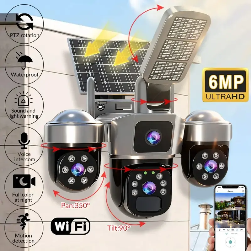6MP Ultra HD Solar WiFi Security Camera with Spotlight, Triple-Lens Wireless PTZ 350°*90° Rotation, PIR Motion Detection, Full-Color Night Vision, Weatherproof Outdoor Camera for Home & Yard