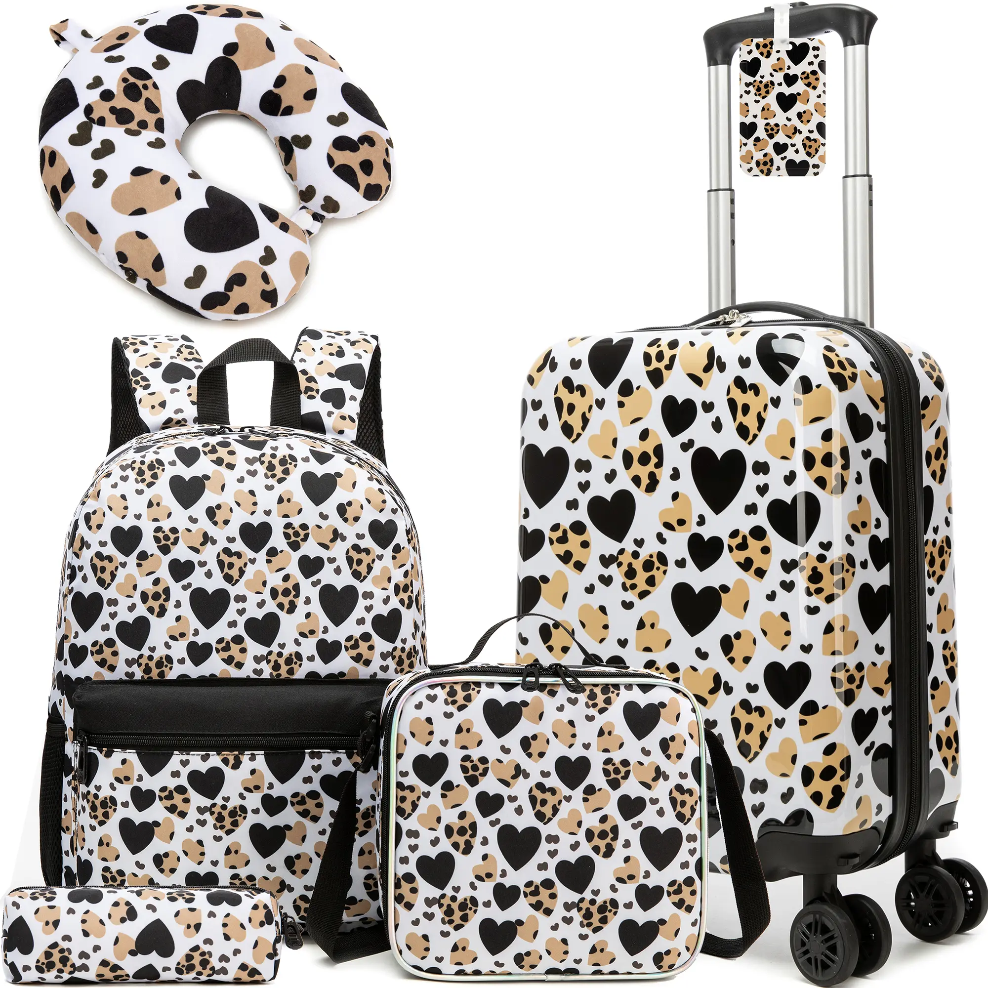 Leopard Heart Kids 5PCS Travel Set - Hardside Luggage, Backpack, Lunch Bag, Neck Pillow & Pencil Case | Trendy Girls' Fashion Suitcase