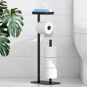 Toilet Paper Holder Free Standing – Rustproof Metal Toilet Paper Stand for 4 Rolls with Base and Shelf for Phone & Small Items, Bathroom Organizers and Storage, Medium, BlackDD16MunchMingle