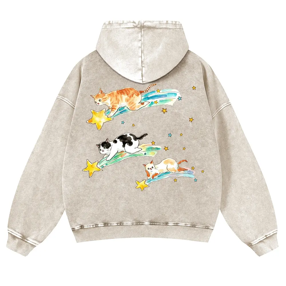 [ DTG Print ] Y2K Kawaii Cosmic Aesthetic, Watercolor Three Cats Riding Shooting Star Back Print  380g Autumn VIntage Washed Hoodie Graphic Sweatshirt