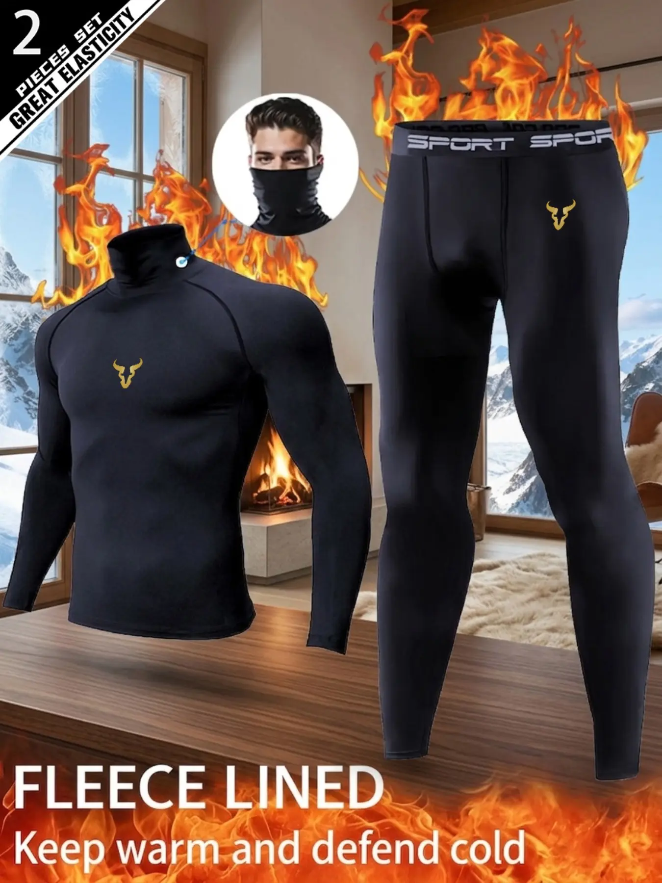 2 Pcs Men's Fleece Lined Thermal Underwear Set, High Turtleneck Base Layer Top & Pants with Gold Bull Logo, Winter Cold Weather Sports, Compression Suit for Skiing.