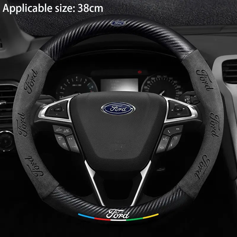 38cm Car Carbon Fiber Leather Steering Wheel Anti-Slip Cover For Ford Mondeo Focus Raptor Puma Edge Explorer Ecosport Ranger F150 Kuga Auto Accessories Steering Wheel Protector