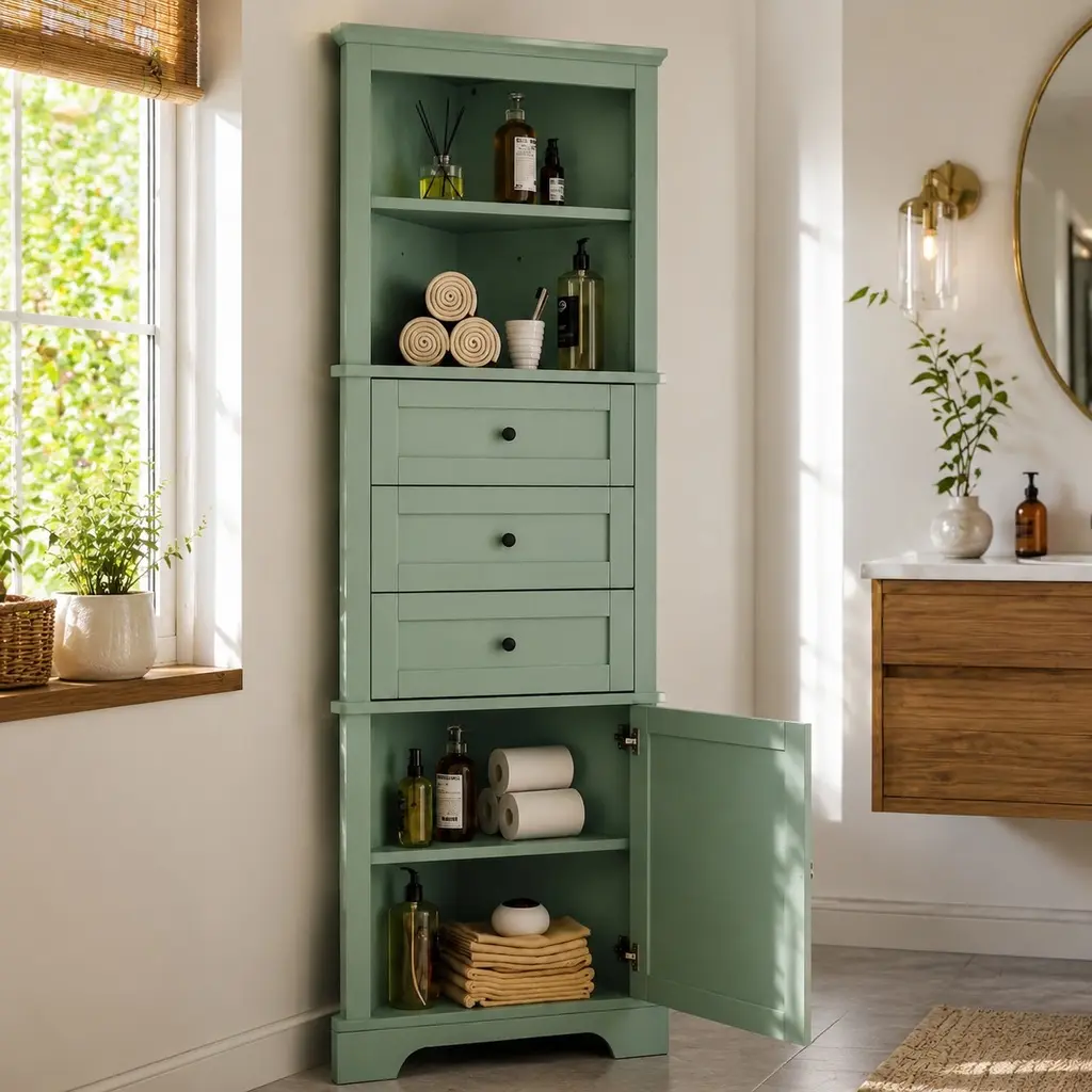 ARCH Triangle Corner Cabinet - Organized MDF Board Painted Finish, 3 Drawers, Adjustable Shelves, 23.00"l x 13.40"w x 68.90"h, 10 lbs per Shelf, 76.29 lbs, Anti-Tipping Device Included, Indoor Cupboard for Bathroom, Kitchen, Green, Corner-Mounted Tall Cup