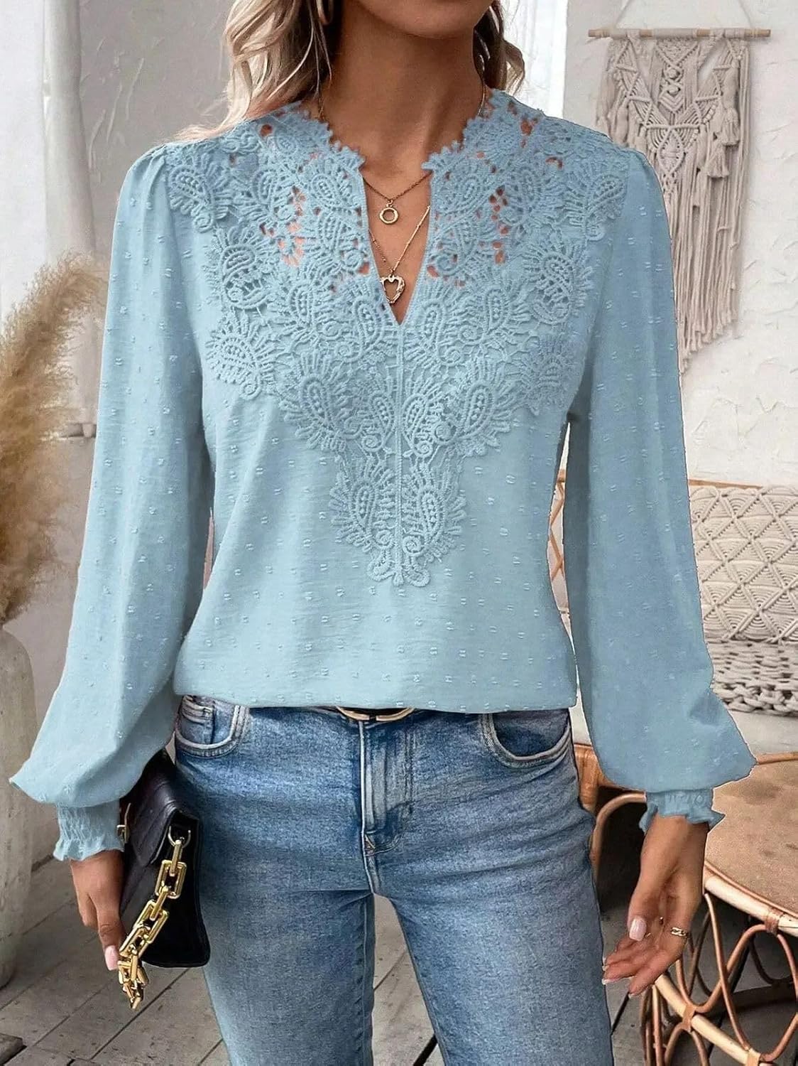 Womens Dressy Lace Blouse V-Neck Ruffle Long Sleeve T Shirt 2026 Fall Fashion Clothes Lace Crochet Casual Boho Tees Tops