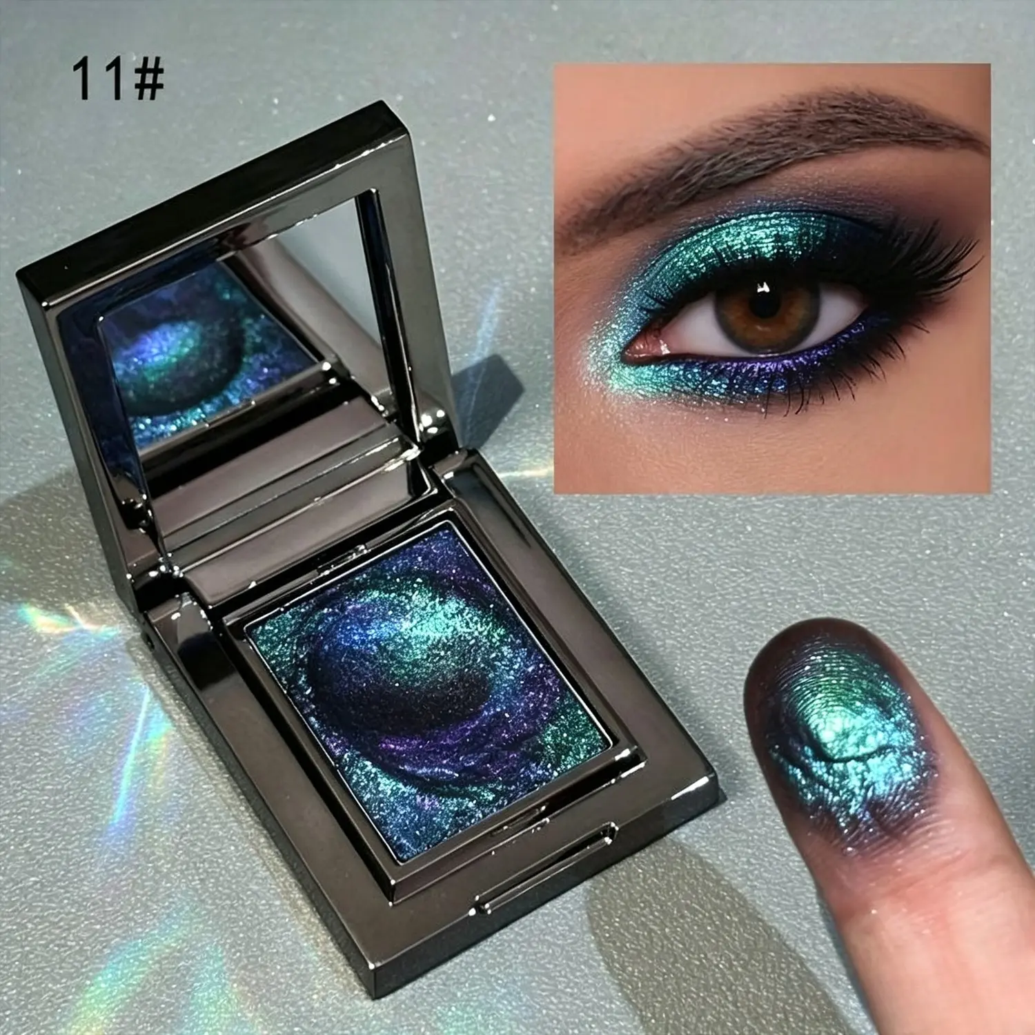 Cool tone blue green chameleon Multichrome mousse eyeshadow, smooth creamy texture with pearl glow, Shimmer & crushed glitter. Multi-angle 3D shifting highlight, perfect for sheer summer makeup, festival bold looks and portrait photoshoot eye styling.