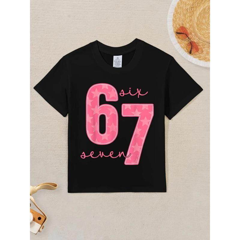 Trendy Black Summer T-Shirt with Pink Handwritten "6" & "7" and Star Accents, Eye-Catching 67 Design, Perfect for Daily Outings, Beach Days and Gifting