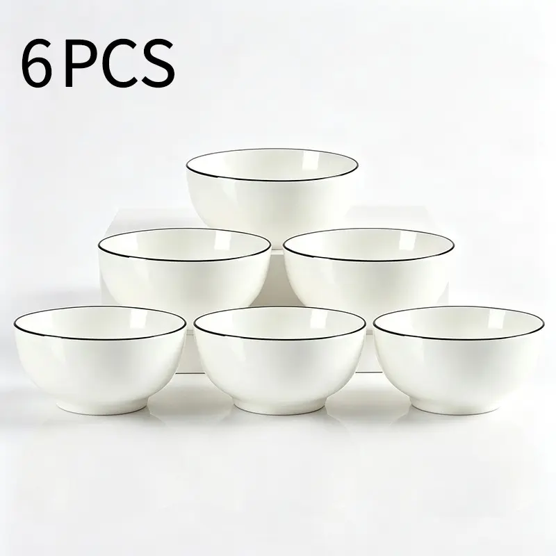 Ceramic Rice Bowls Set of 6, Minimalist Trim Bone China Bowls, Microwave & Dishwasher Safe, Durable Soup Bowls for Dining, Tableware
