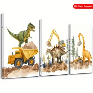 3-piece dinosaur decorative art set, wall decoration with construction trucks, fun scene wall art, adventure-themed art prints, vintage poster pieces, modern home decor, aesthetic room design, holiday gift, suitable for living room and bedroom, includes p