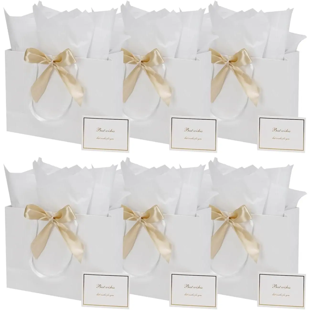 Bulk Gift Wrap Complete Kit - 6 Pack 13x5x10 In Recyclable Large Black Bags with Tissue Paper, Greeting Card, Ribbon for Clothing, Shoes, Wedding Favors