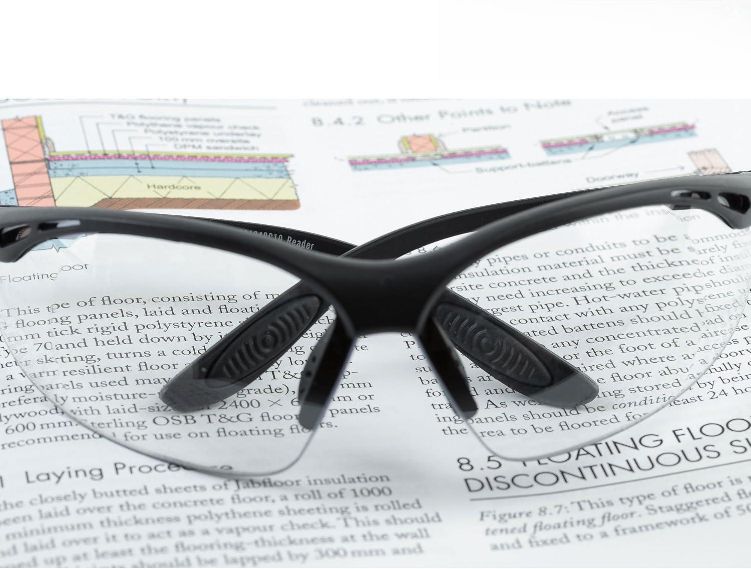 SAFETY READERS (CLEAR +1.5 Dioptre) Full Lens Reading Safety Glasses ANSI Z87.1+ & CE EN166F, Wraparound Style - Includes Safety Cord with headstop - UV400 anti fog coated lens