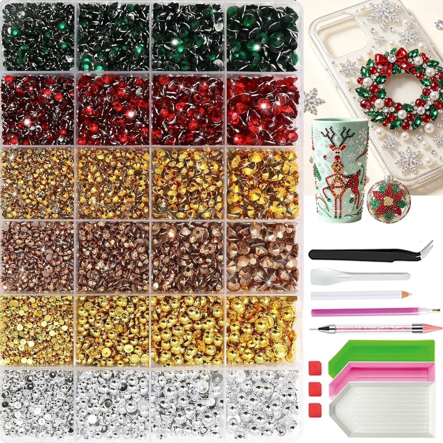 24 Grid 9000 Christmas Rhinestone Set, Resin Flat Back Rhinestones, Gold Silver Color Pearls, DIY Decoration Kit, Nail Decoration