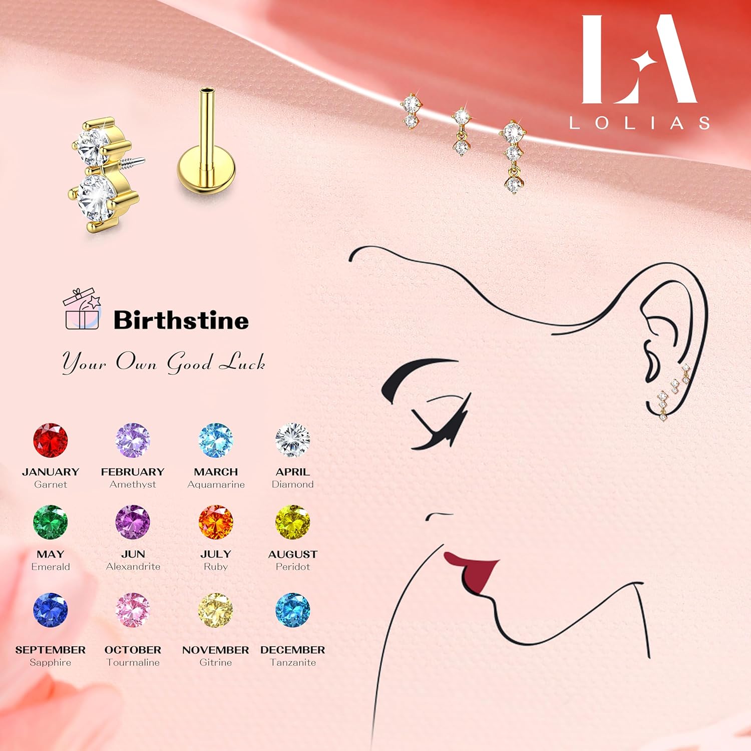 3 Pairs Flat Back Earrings Studs 18G-Hypoallergenic Cartilage Earring Sets for Multiple Piercing-Minimalist CZ Birthstone Drop Dangle Earrings Internal Thread Flatback Earring Stacks for Conch Tragus Helix Piercing Jewelry