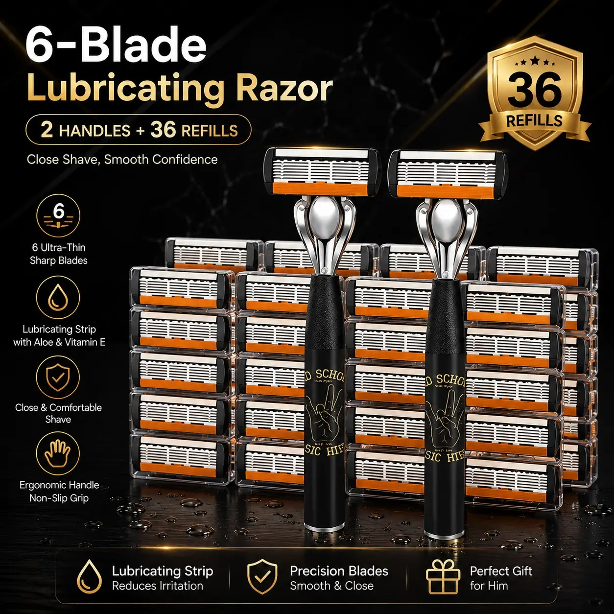 Men's 6-Blade Shaving Set, 2 Premium Stainless Handles, 36 Replacement Blades, Smooth Shave, Ergonomic Non-Slip Handle, Durable Sharp Blades, Travel Friendly