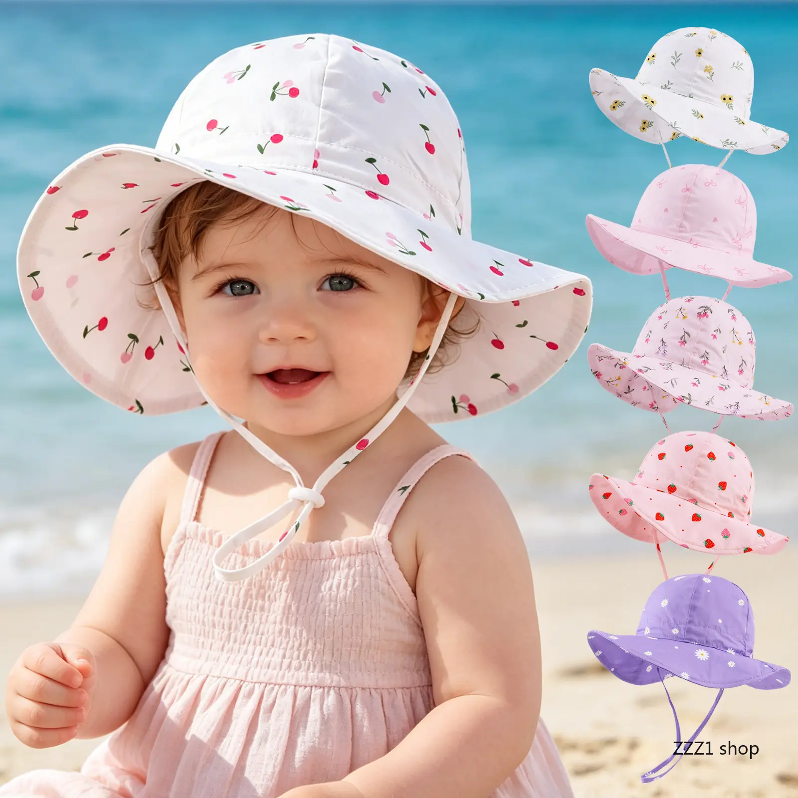 Sun Hat Wide Brim Toddler Bucket Hat With Adjustable Chin Strap Cute Floral Printed Packable Infant Beach Summer Protection Caps