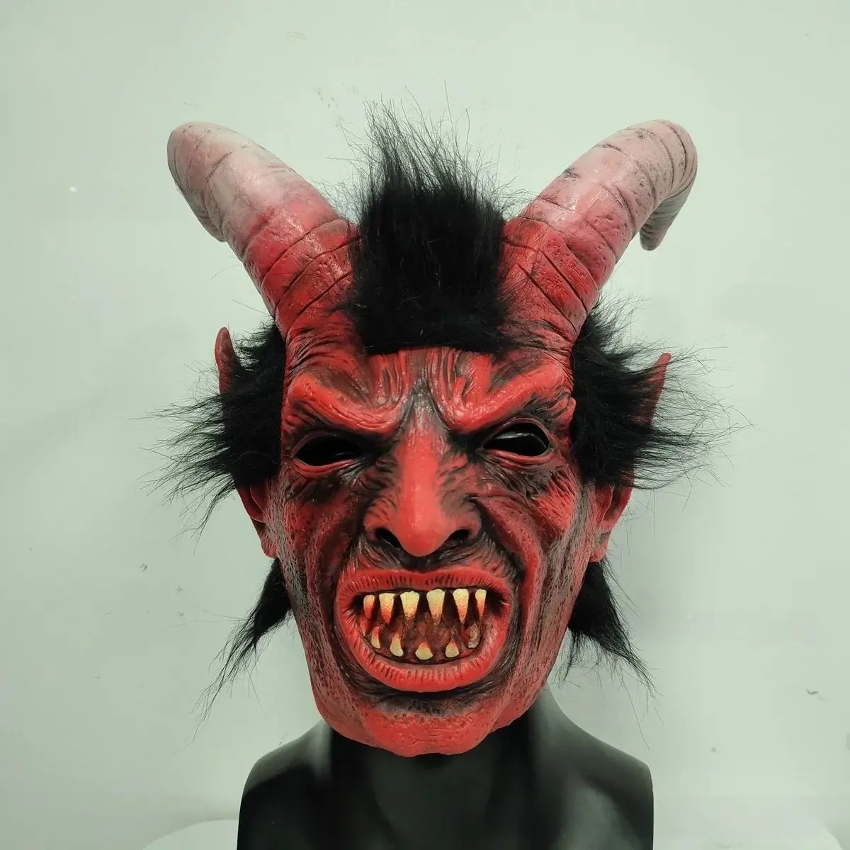 Adult Full Face Lucifer Devil Latex Mask with Horns - Red-Faced, Soft, Stretch, Black & White Hair, 35x28x20 cm Halloween Cosplay Party Costume Accessory for Adult Users