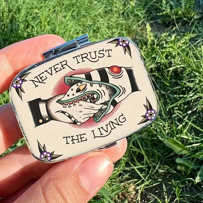 Beetlejuice Hand Tattoo Style Pill Case with Mirror, Vintage Gothic Design, Double Compartment, Portable Plastic Pill Organizer Healthcare