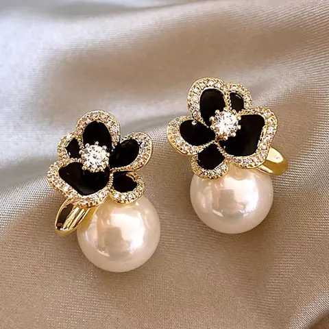 1 Pair Vintage Black Flower Faux Pearl Fashion Dangle Earrings, Sparkly Hollow Floral Drop Earrings for Women, Elegant Daily Party Costume Jewelry