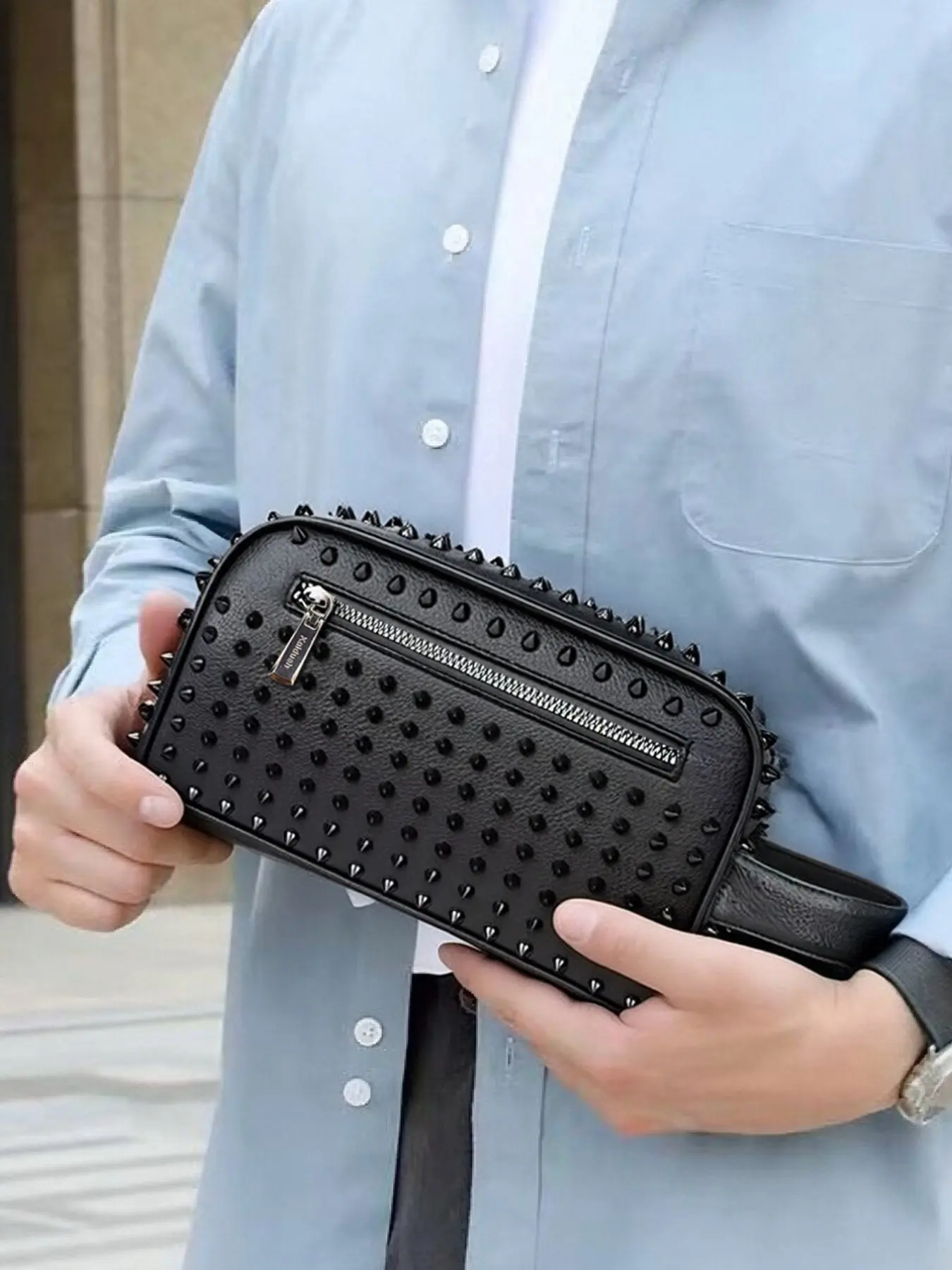 Men Punk Spiked Rivet PU Leather Clutch Handbag, Large Capacity Zipper Wristlet Purse with Detachable Hand Strap, Multi Compartments Card Slots Anti-Theft Zipper Hand Pouch, Trend Streetwear Travel Toiletry Clutch Gift For Dad Husband Boyfriend