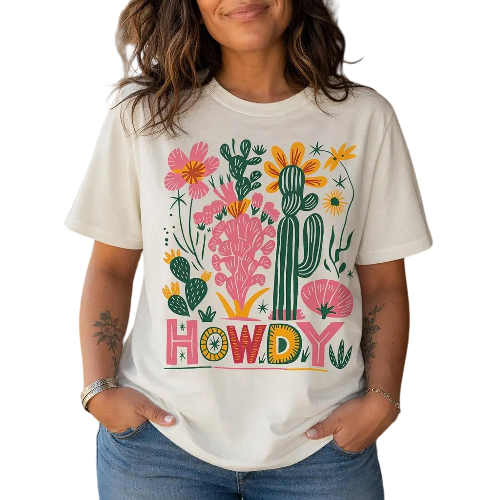 Retro Howdy Shirt Women Plus Size Colorful Cactus Western Graphic Tee