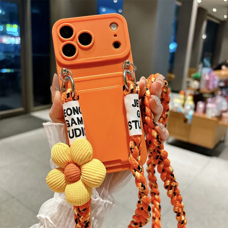 Braided Cord Crossbody Strap Card Holder Phone Case For iPhone 17 16 15 14 13 12 11 Pro Max Soft Case with Shock-Absorbing Protection