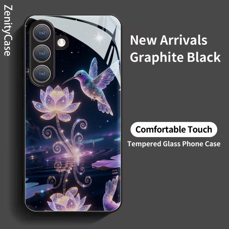 Phone Case: Glowing Hummingbird Hovering Over Sparkling Lotus Flowers Black Tempered Glass Phone Case for Galaxy S26 S25 S24 S23 S22Pro S21 S20 Fe Plus Ultra Pro A56 A55 A54 A53 A52 A51 A36 A35 A34 A32 A26 A25 A24 A23 A16 A15 A14 A06 A05 A03s, Back Cover