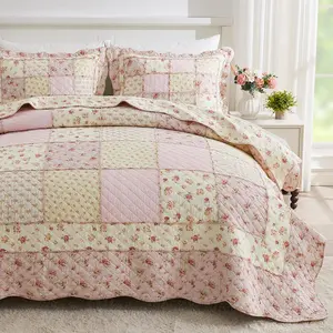 Size Quilt Set 3-,   Patchwork Quilt,  Floral Reversible Shabby Chic Bedding Bedspread for  , Soft Quilted Blanket with 2 Pillow Shams Machine Washable