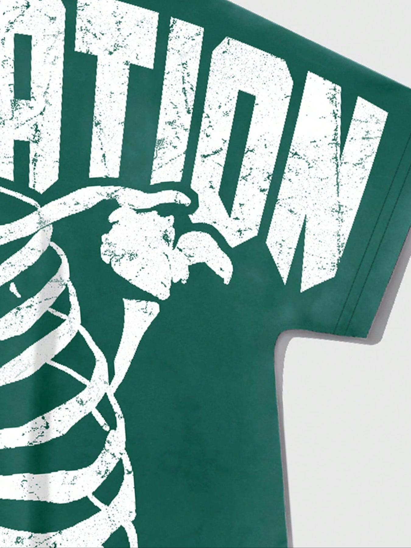 Men's Regular Fit Skeleton & Letter Print Round Neck Tee, Casual Short Sleeve Crew Neck T-Shirt for Summer, Fashion Men's Top for Daily Wear, Tropical