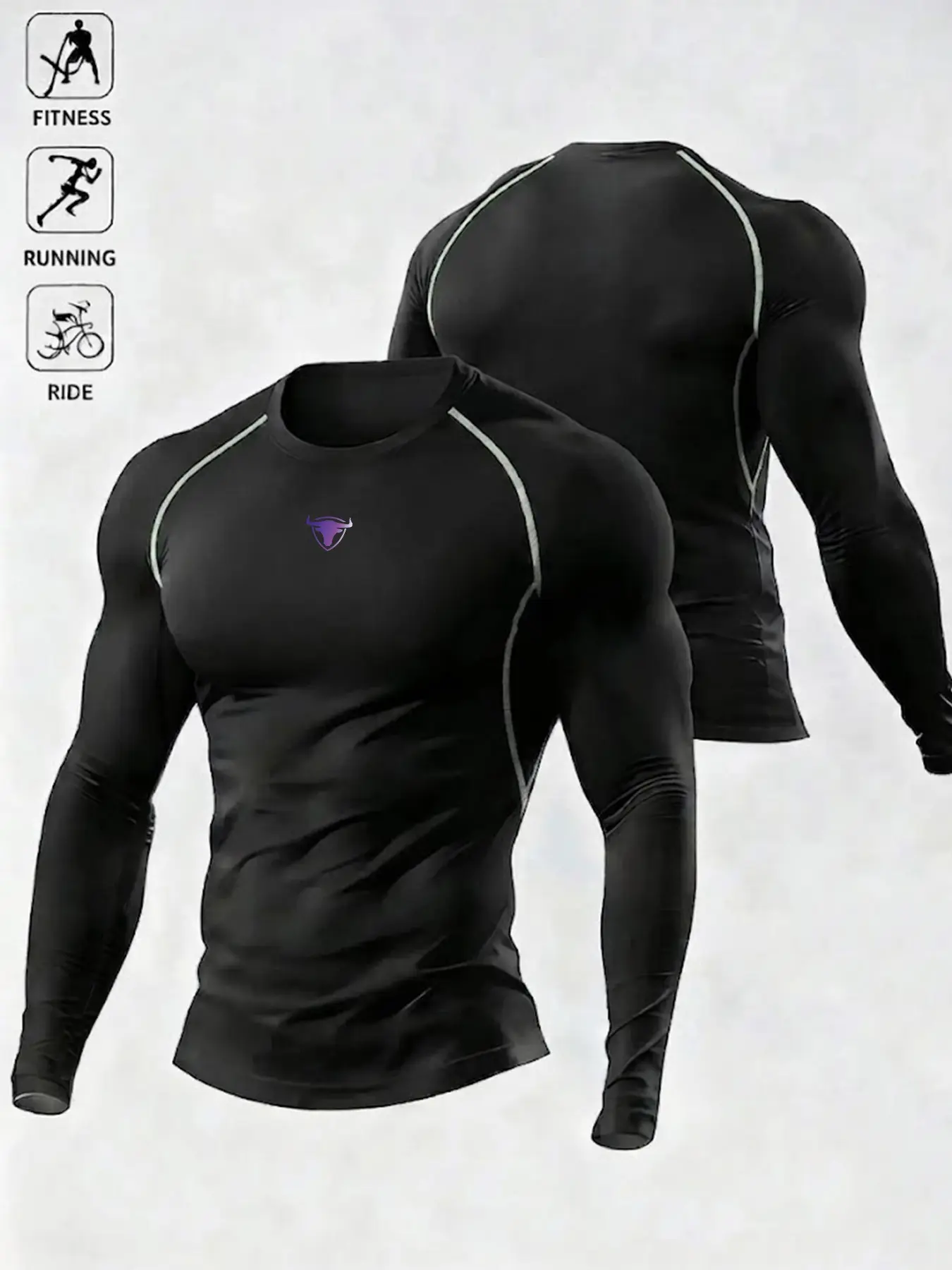 Men's Compression Long Sleeve Workout Shirts, Quick Dry Moisture Wicking Athletic Tops, Slim Muscle Fit Bull Logo Tee, Multi Wear Athleisure Apparel for Gym Training Running Cycling Light Outdoor Streetwear Daily Casual, Soft Stretch Breathable Functional