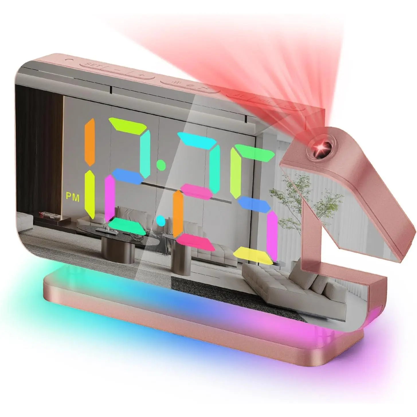 Projector Clock,7.4 in Digital Alarm Clocks Projection on Ceiling Wall,with RGB Night Light,USB C Charging Port,Auto Dimming,LED Mirror Clock for Teen Girl Adults Bedroom Decor - Rose Gold