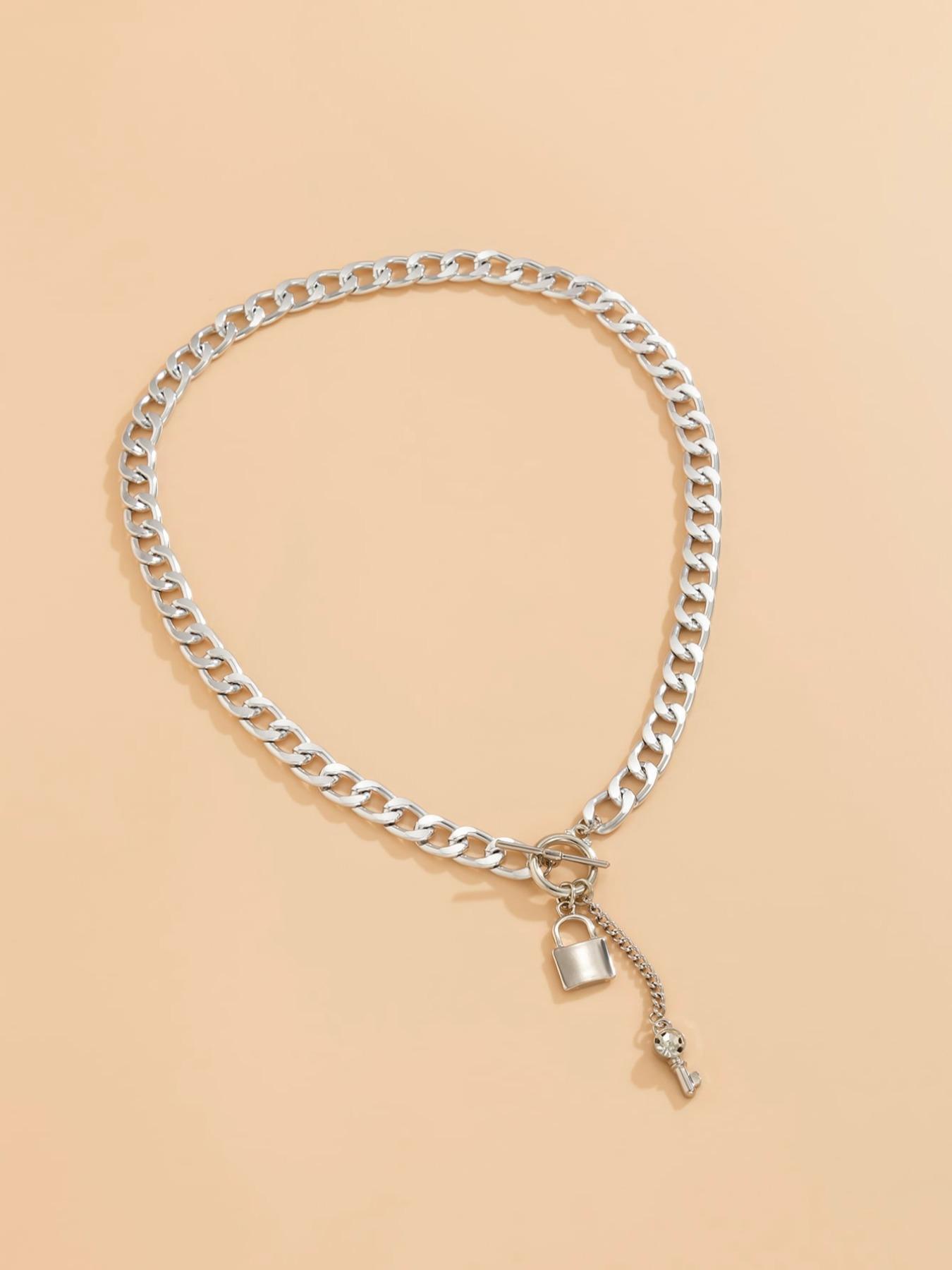 Rhinestone Key & Lock Design Chain Necklace for Women for Gift, Charms Necklace, Clavicle Chain Necklace, Dainty Choker Necklace, OT Buckle Chunky Cuban Link Chain Necklace, Mexican Necklaces, Cute Gifts for Girlfriend