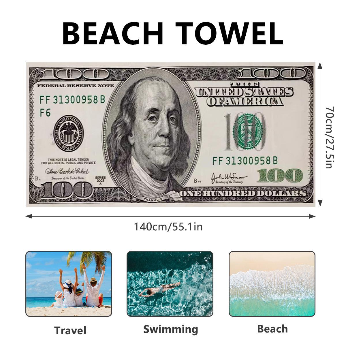 Dollar Pattern Microfiber Beach Towel, Bathroom Bath Towel, Super Absorbent, Soft Skin-Friendly Fabric, Sand Free Material, Lightweight Quick Dry Towel for Beach Travel Pool Gift for Friends