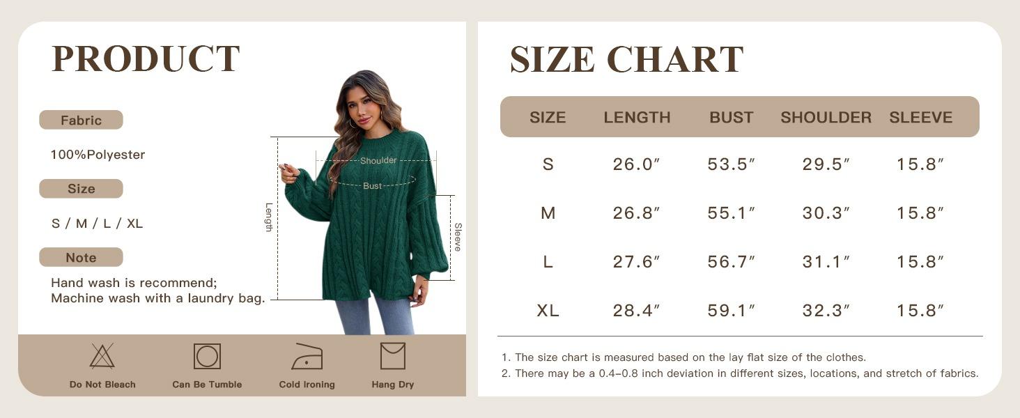 Womens Oversized Sweaters Chunky Cable Knit Crew Neck Casual Long Lantern Sleeve Fall Tunic Sweater Tops