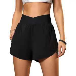 Women's Workout Shorts Athletic Running Shorts Crossover High Waisted Gym Shorts with Zipper Pockets