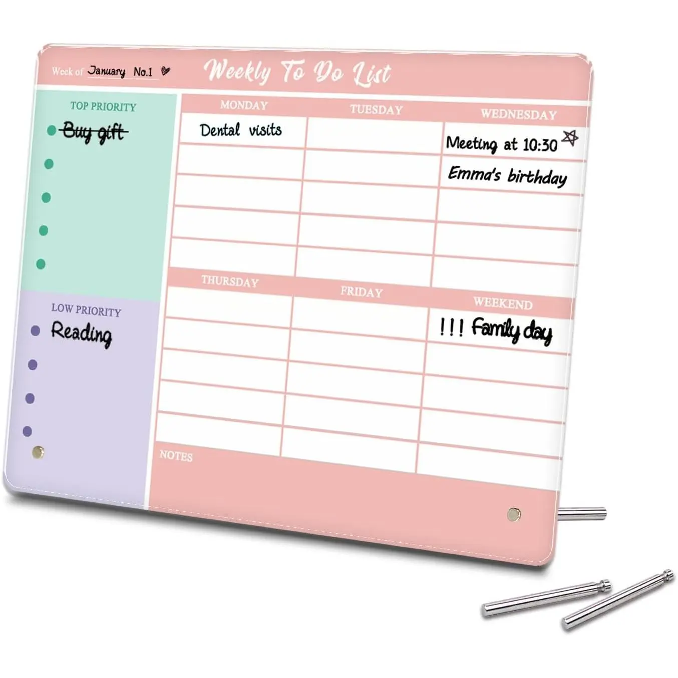 Desktop Thickened  Dry Erase Weekly , 11.8"x9.8" Colorful Whiteboard with Stand, Frameless Weekly Planner for Office/School/, Daily  for Work and Personal Organized(2530,1p)
