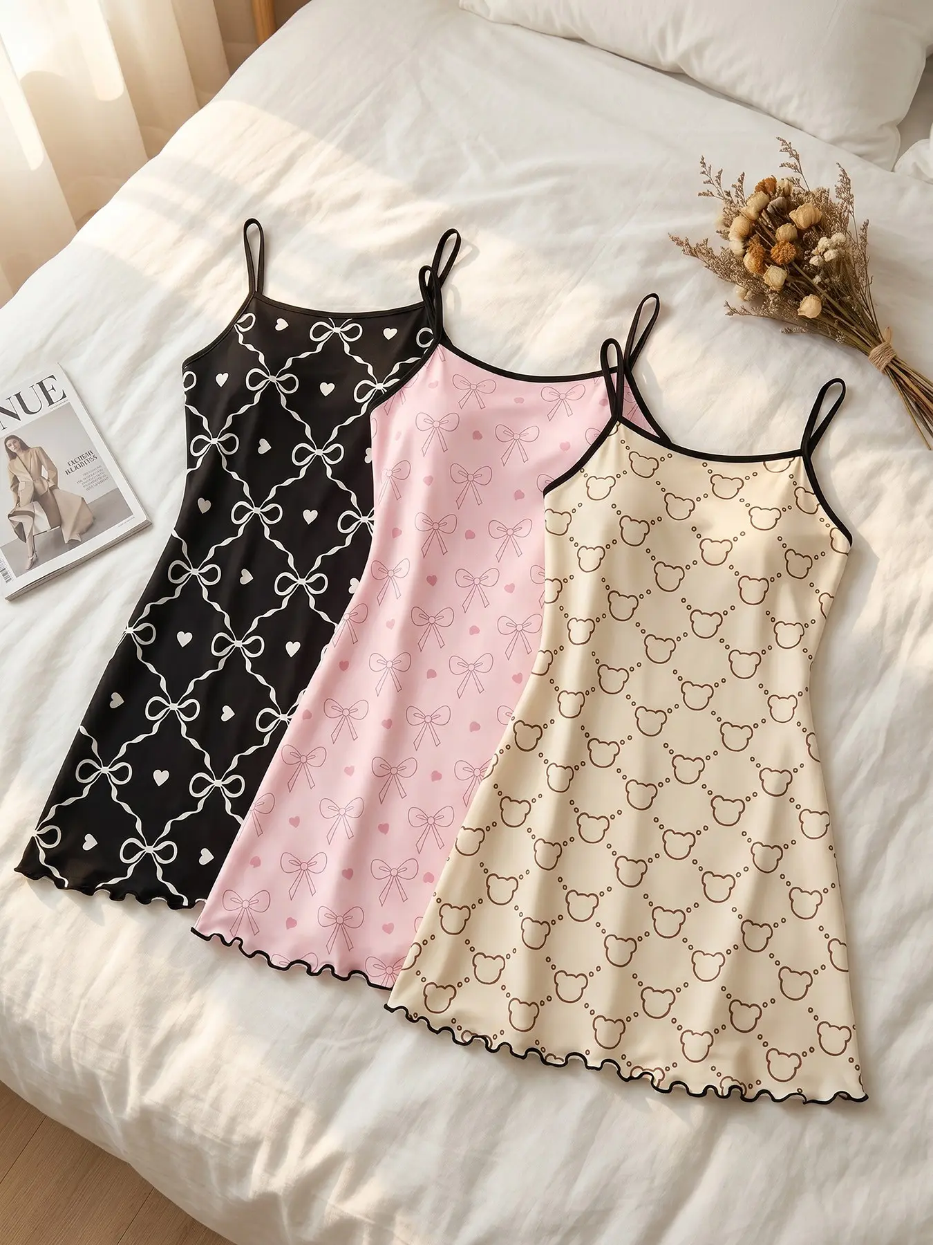 Women's 3 Pack Cami Nightgown Set, All Seasons Wearable, Thin Line Bear Bow Pattern, Thin Black Trim, Korean Cream Lazy Style, Loose Fit for Couple Nights & Tea Time