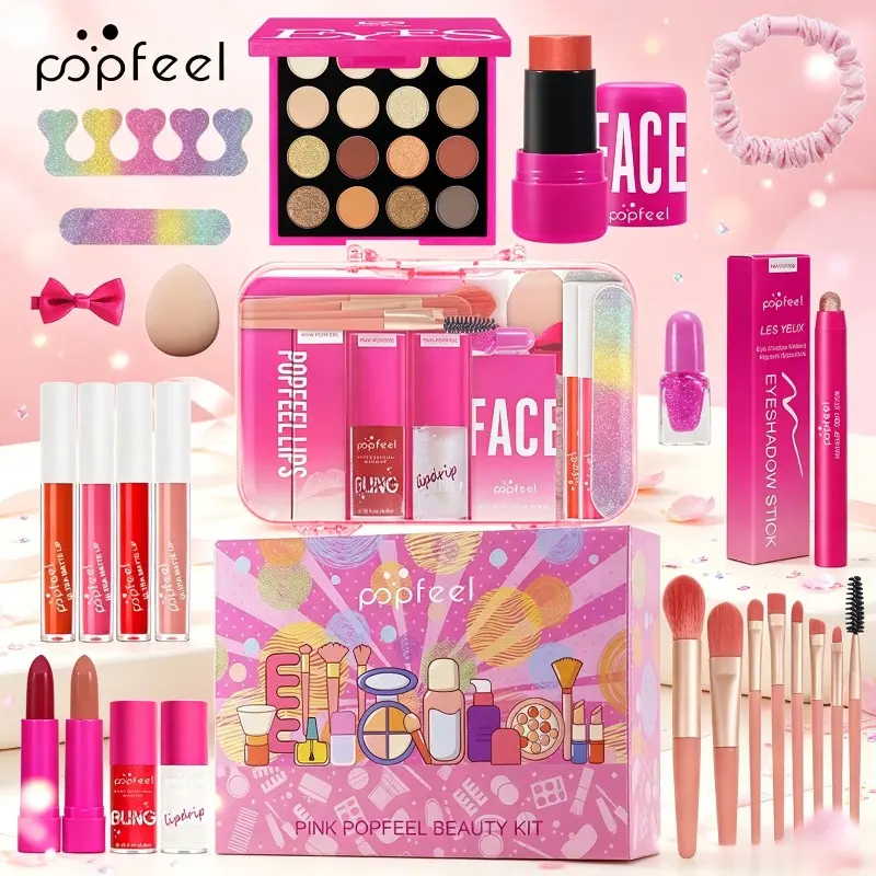 POPFEEL All-in-One Makeup Gift Set, Face Makeup Sets for Beginners, Comes with Eyeshadow Sticks, Facial Cleanser & Headband, Smudge-Proof Makeup Kit for Students' Daily Makeup, Stage Performance, Shooting, Travel & Dancing, Ideal Gift Set